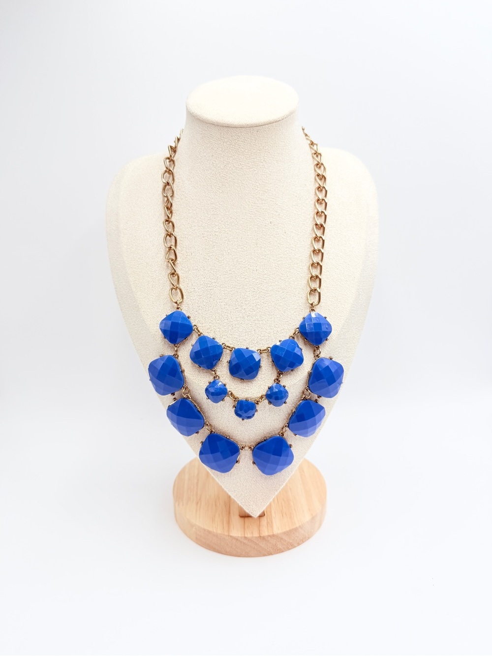 Royal Blue Statement Bib Necklace | Gold Tone Multi-Layer Faceted Resin Necklace